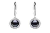 Elegante schwarze Perlenohrringe hängend rund 9-9.5 mm, Zirkonia, Engl. Verschluss, 925er Silber, Gaura Pearls, Estland